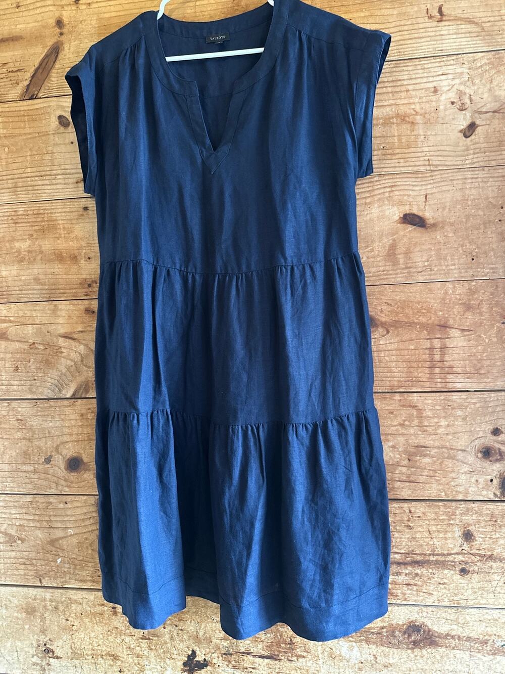 Talbots 100% Linen Navy Blue Tiered Midi Dress
